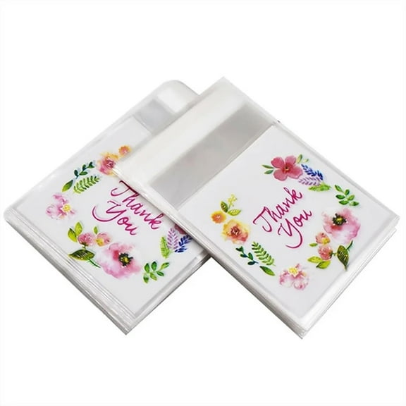 Oimcto Practical 100Pc Candy Biscuit Gift Packaging Bag100 Pcs Floral 'Thank You' Candy Bags Clear Plastic Packaging with Colorful Flower & Script Design Ideal for Giving Wedding
