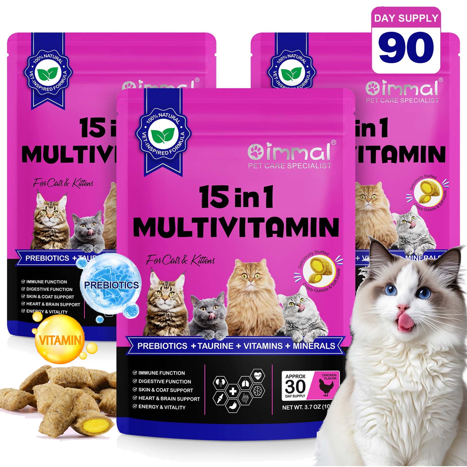 Oimmal 15 in 1 Multivitamin Chews for Cats & Kittens, Heart & Brain Support, with Omega, Taurine & Prebiotics for Immune Support, Digestion & Energy Support - 3Pack