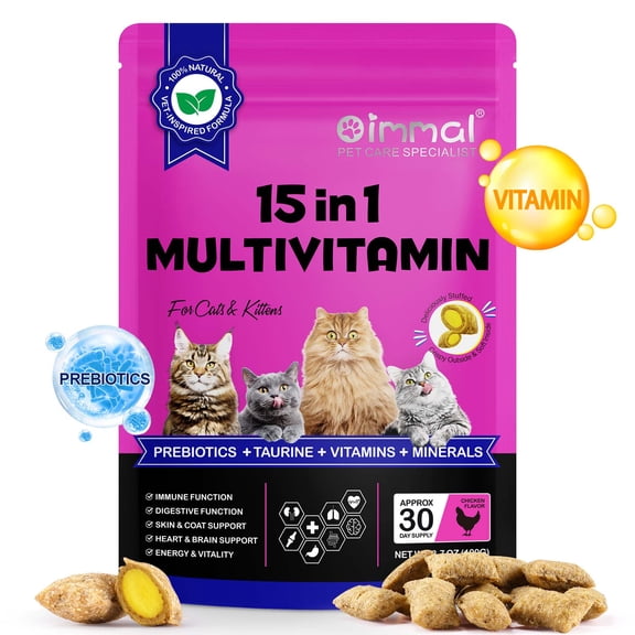 Oimmal 15-In-1 Cat Multivitamin Treats with Fish Oil Support for Immune, Joint, Skin & Coat and Gut Health, Chicken Flavor, 3.7 oz