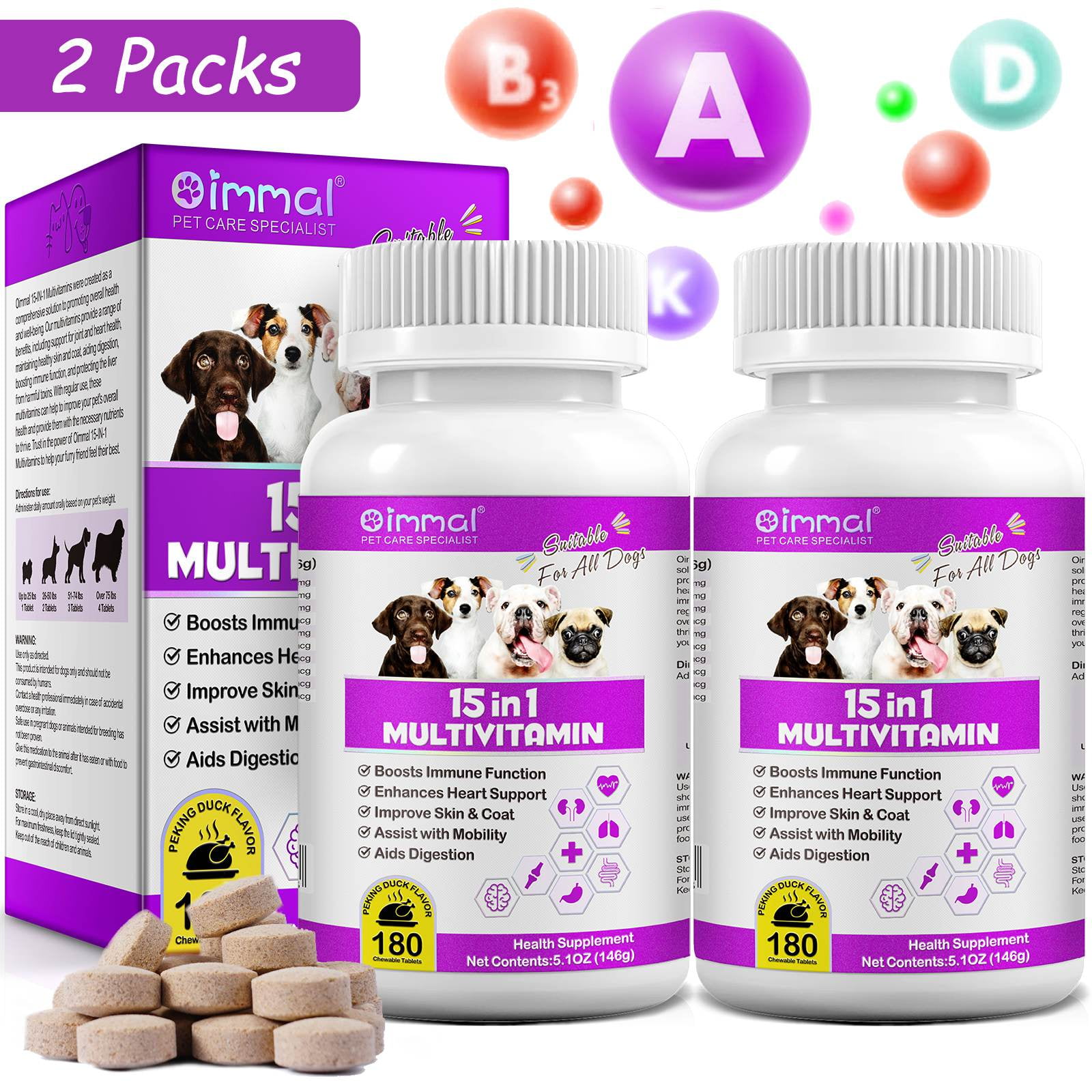 Oimmal 15-in-1 Multivitamin Chewable Tablets for Dogs, Glucosamine and Fish Oil (EPA 18% & DHA 12%) Support for Joint & Heart Health, Aiding Digestion, Immune System Support 180P*2