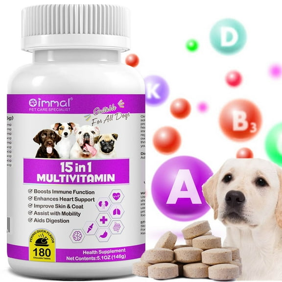Oimmal 15-in-1 Multivitamin Chewable Tablets for Dogs, Glucosamine and Fish Oil (EPA 18% & DHA 12%) Support for Joint & Heart Health, Aiding Digestion, Immune System Support 180P