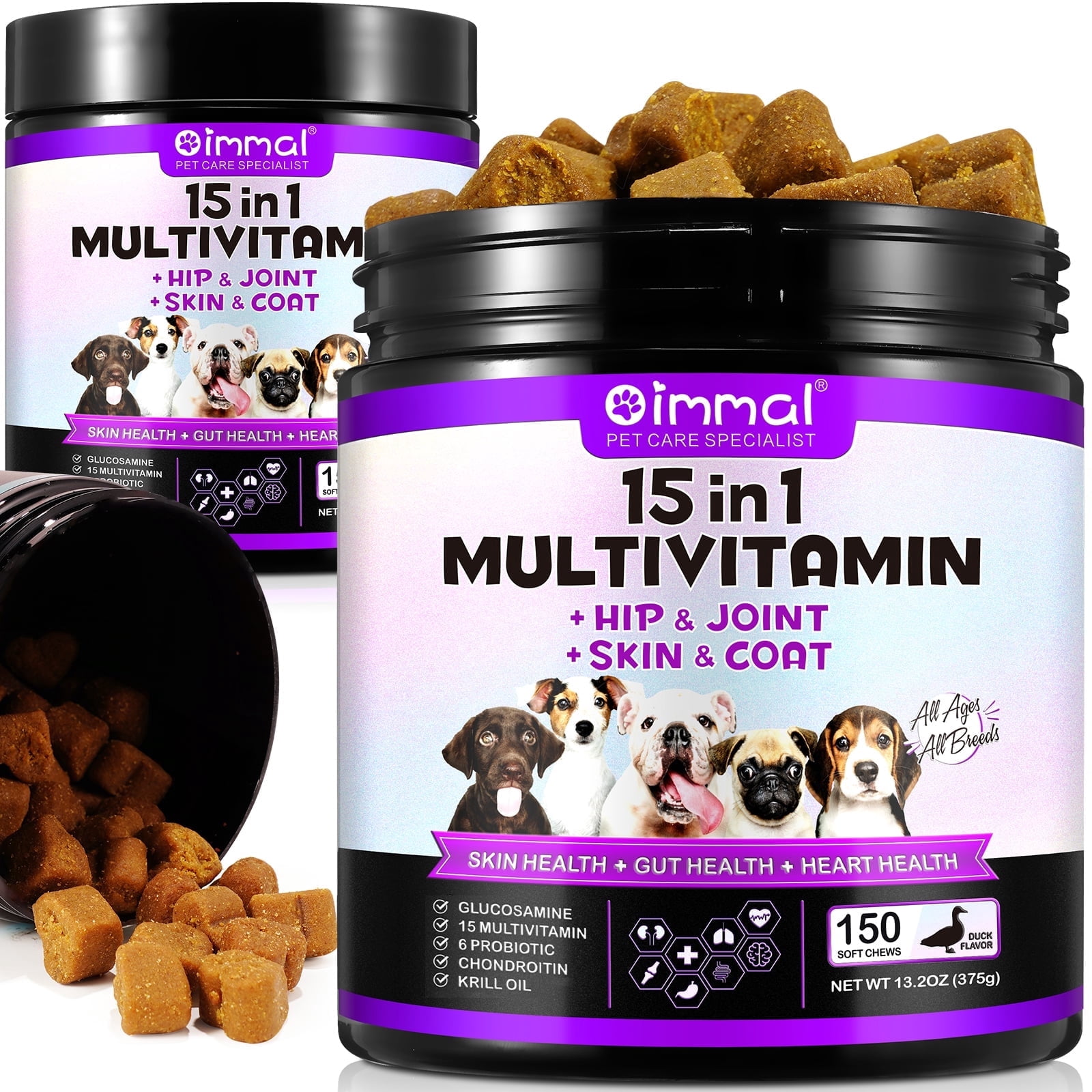 15-in-1 Multivitamin for Dogs - 2 Piece，with Skin, Gut, Heart Health - Cranberry, Glucosamine - 150 Soft Chews - Duck Flavor
