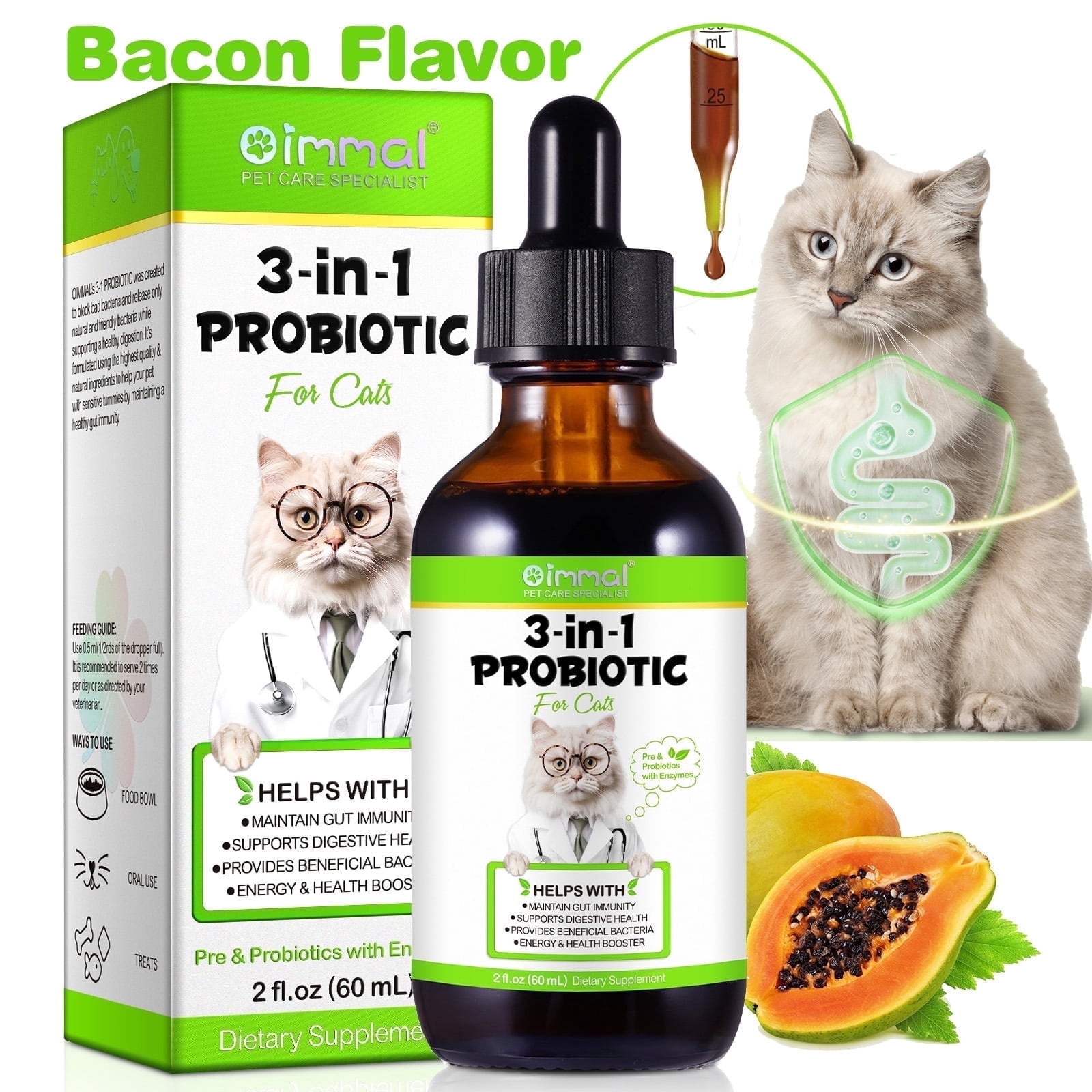 Oimmal 3-in-1 Probiotics for Cats, Liquid Prebiotics with Enzymes, 60ml ...