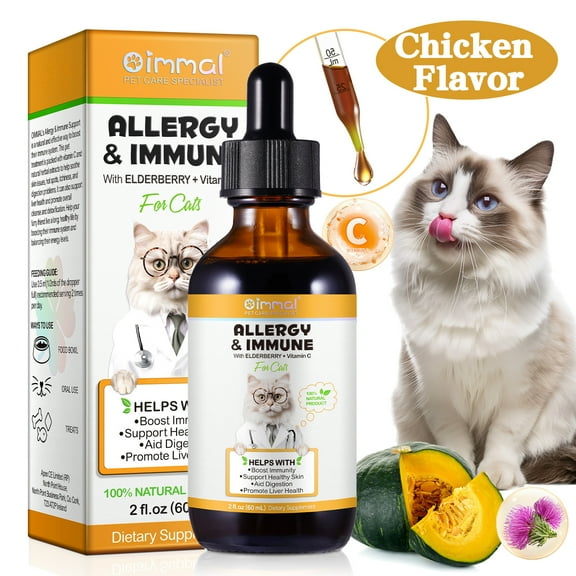 Oimmal Allergy Immune Drops for Cats, Anti Itch & Hot Spots - Liquid Supplement for Cats Seasonal Allergy Relief with Turmeric & Milk Thistle - 2 Fl oz - Chicken Flavor