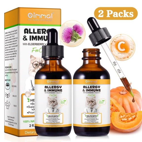 Oimmal Allergy Immune Drops for Cats - Anti Itch & Hot Spots - Relief Cats Seasonal Allergy with Elderberry + Vitamin C Support Liver & Digestion Health - 4 Fl oz