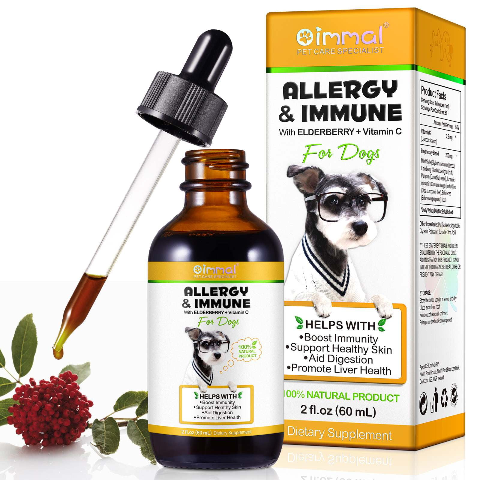 Oimmal Allergy Immune Drops for Dog Liquid Dietary Supplement with Elderberry Vitamin C Help Dog with Boost Immunity Promote Liver Health 2 fl