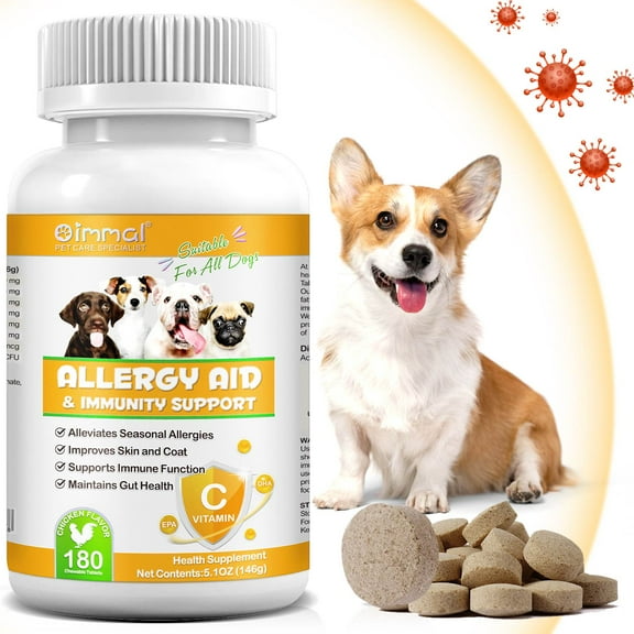 Oimmal Allergy Relief Chewable Tablets for Dog, Health Supplement with Omega-3 + Vitamin C, Anti Itch & Seasonal Allergies & Scratching, Help Dog with Boost Immunity Skin & Coat Health 180P