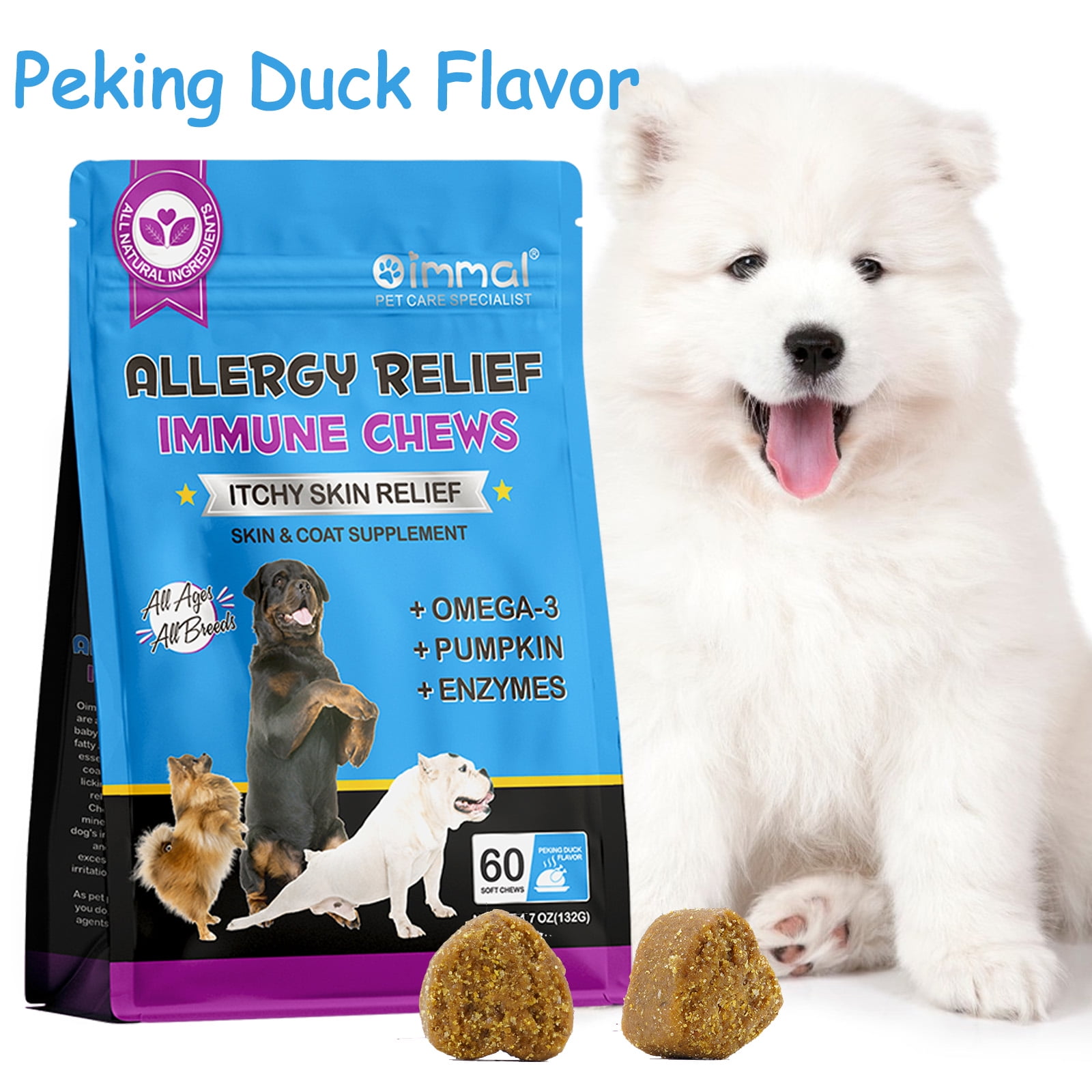 Oimmal Dog Allergy Relief, Omega3 & Pumpkin, Peking Duck Flavor, 60
