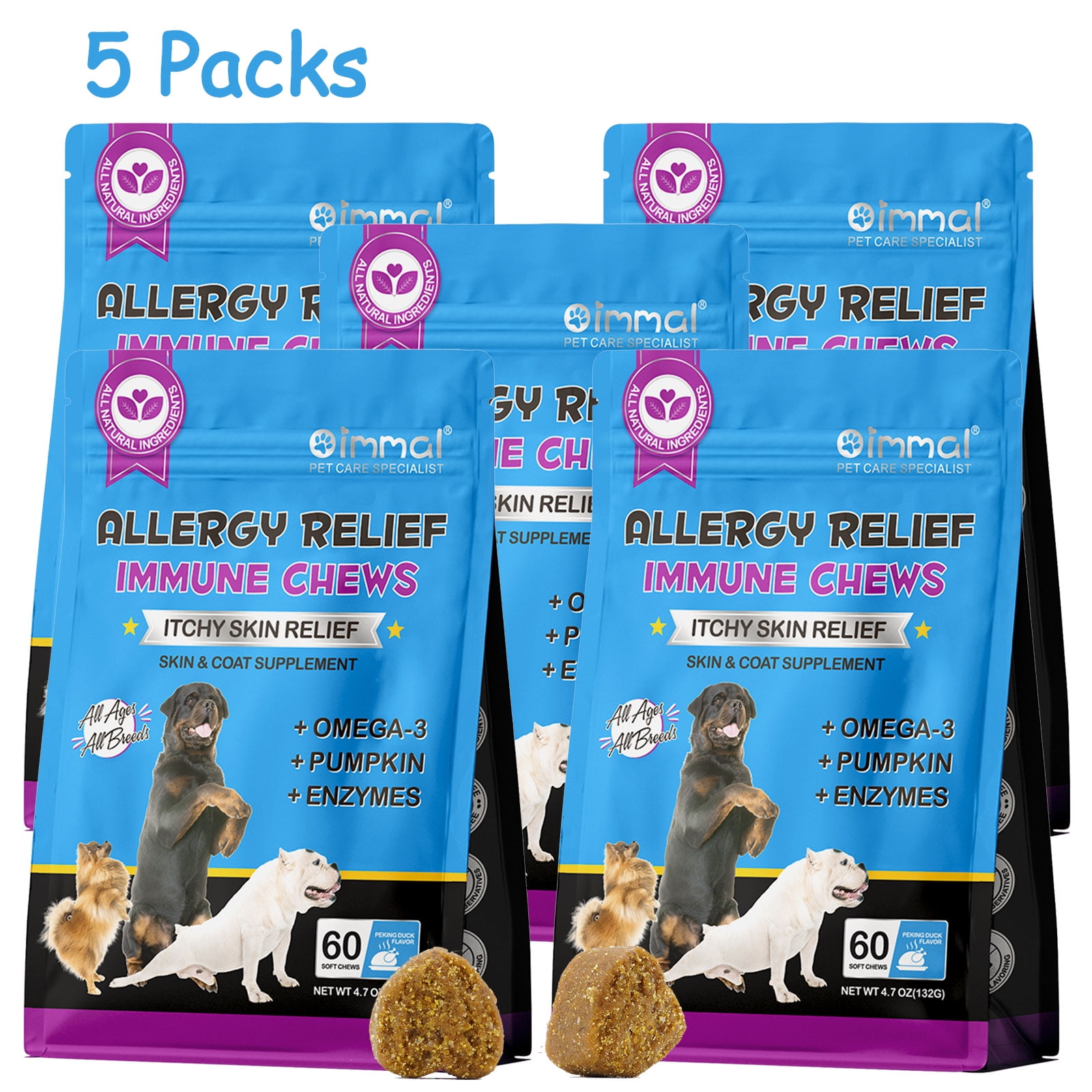 Oimmal Allergy Relief Immune Chews for Dog, Anti-Itch Skin & Coat Supplement with Omega 3 Fish Oil | Itchy Skin Relief - Help with Paw Licking, Dry Skin, Hot Spots (60 Treats - Peking Duck) 5Pack