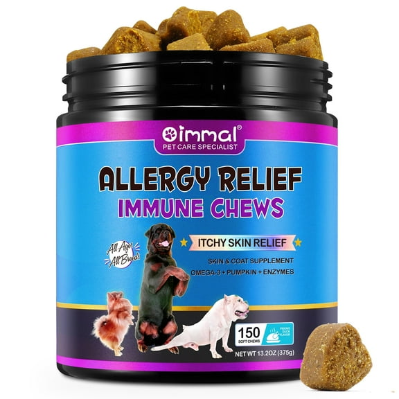 Oimmal Allergy Relief for Dogs, Itchy Skin Relief, Licking Prevention, Omega-3, Pumpkin Enzyme - 150 Soft Chews - Duck Flavor