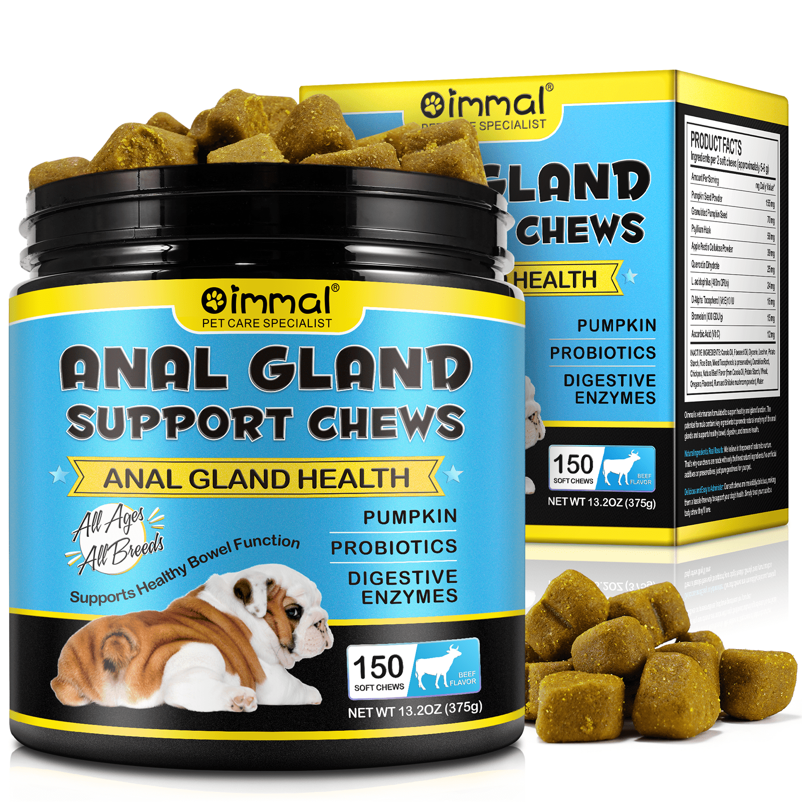 Oimmal Anal Gland Support for Dogs Chews, Supports Healthy Bowel
