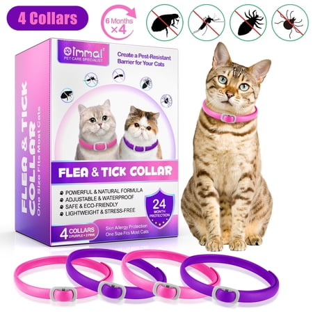 Oimmal Anti-Worm, Anti-Mosquito Cat Collar, 19-Inch Adjustable, Waterproof, Natural Ingredients, 4-Piece (Pink & Purple)