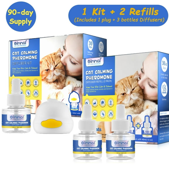 Oimmal Cat Calming Pheromone Diffuser - 90 Days Supply Kit (48 ml) for Cat Anxiety Relief, Spraying & Scratching, Calming Diffuser Refill for Cat and Kitten - 1 Plug with 3 Refills