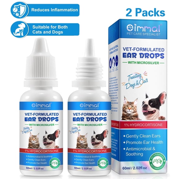Oimmal Cat & Dog Ear Infection Drops - with 1% Hydrocortisone & Micro Silver for Dog Yeast Ear Infections - Cat & Dog Ear Cleaner for Itchy Ear Relief 60ml (Pack of 2)