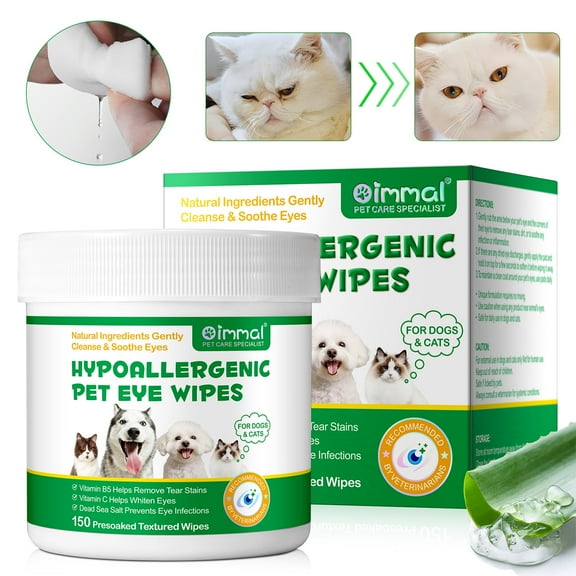 Oimmal Cat & Dog Eye Wipes 150 Count, Hypoallergenic Pet Eye Wipes, Dog Eye Wash Wipes, Reduce Eye Inflammation, Remove Tear Stain, Eye Debris