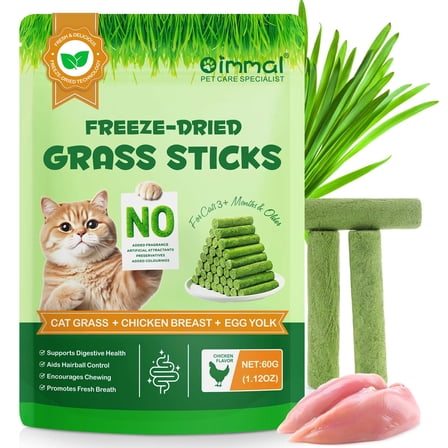 Oimmal Cat Grass Treats Hairball Control, Teeth Cleaning, Energy Boost, Chicken Flavored Grass Sticks 1.12 OZ/60G