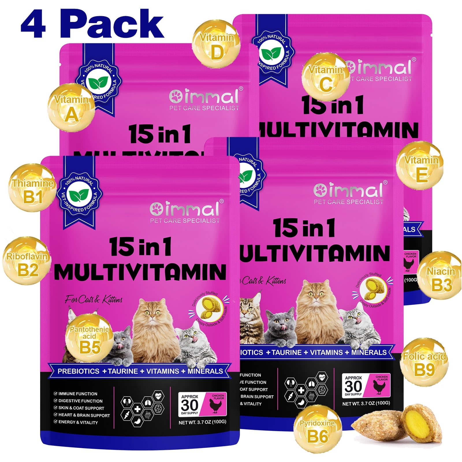 Oimmal Cat Multivitamin Chews, Chicken Flavor Cat Vitamins Treats - 15-in-1 Daily Supplement for Skin & Coat, Heart, Brain, and Digestive Health, Delicious Crunchy & Creamy - 4Pack