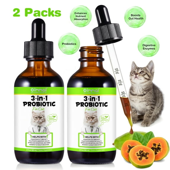 Oimmal Cats 3in1 Probiotic Drops, Probiotics Pre & Probiotics with Enzymes, Provides Beneficial Bacteria | Supports Digestive Health & Gut Immunity, 2 fl. oz (60ml) - 2 Bottles