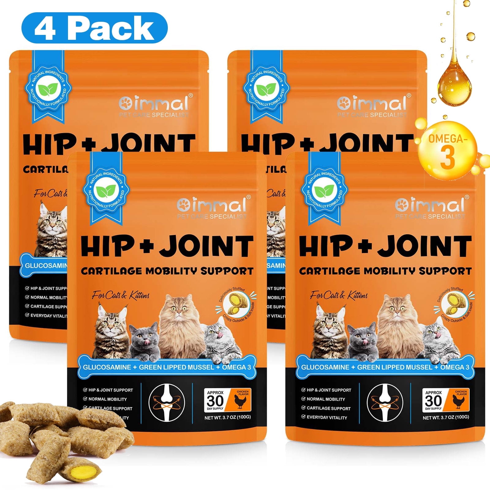 Oimmal Cats Joint Health Supplement, Contains Glucosamine for Cats, Plus Green Lipped Mussel and Omega-3, Supports Joint Health & Mobility, Crunchy Outside & Soft Inside 120day