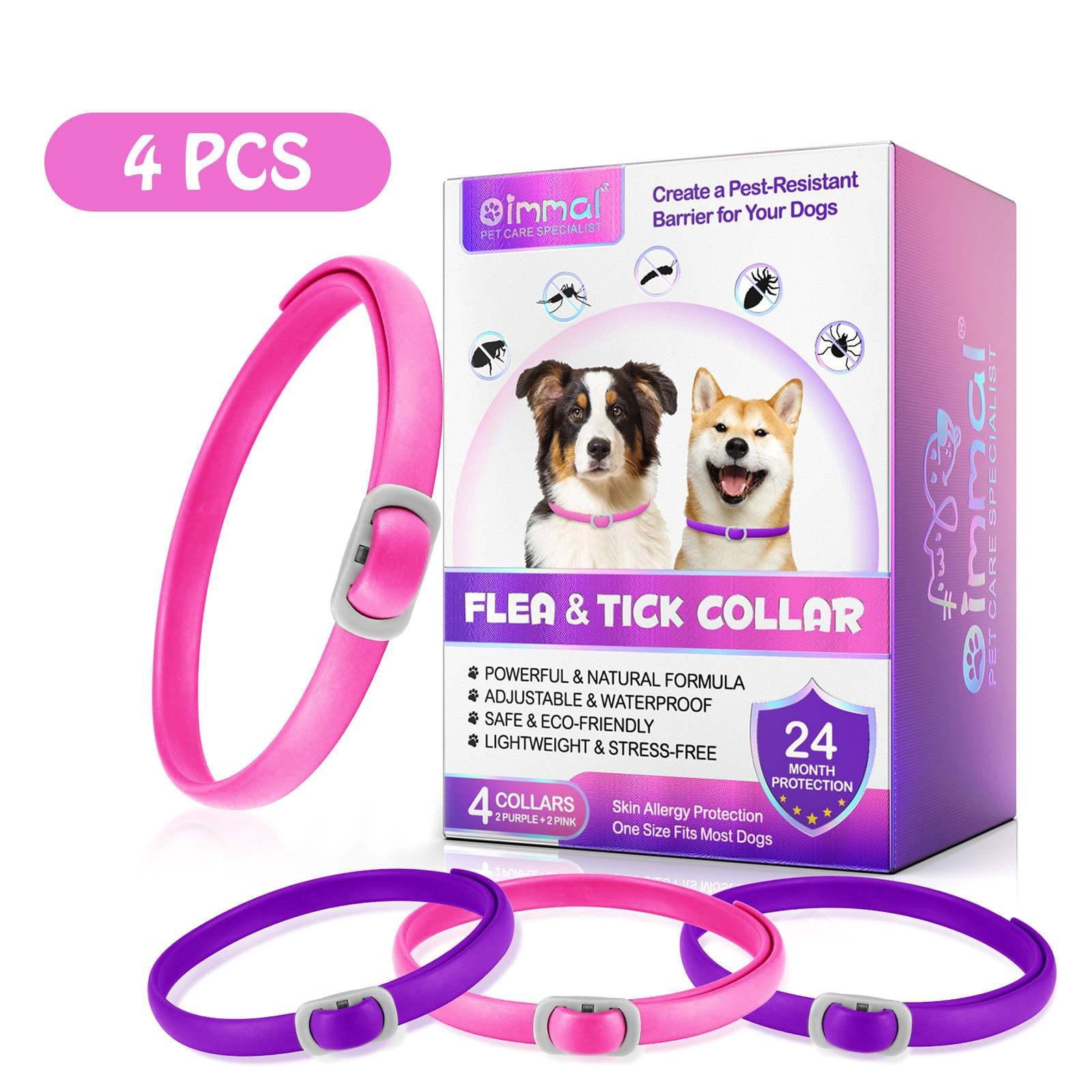 Oimmal Dewormer Collar for Dogs,24 Months Dewormer Prevention for Dogs, Water-Resistant & Adjustable Dog Collar - Pink & Purple