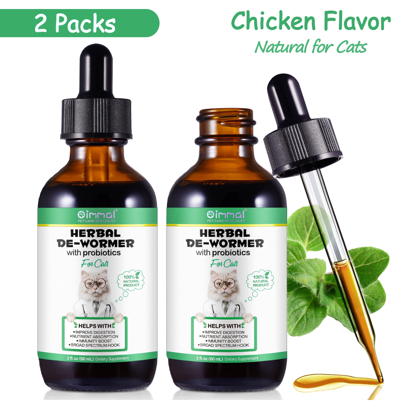 Oimmal Dewormer for Cats, Natural Herbal DeWormer with Probiotics