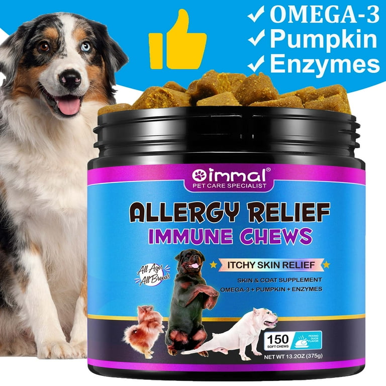 Oimmal Dog Allergy Relief Treats Immune Support 150 Chews Itchy Skin Relief for Dogs Omega 3 Pumpkin Enzymes Anti Inflammatory Prevent Hot