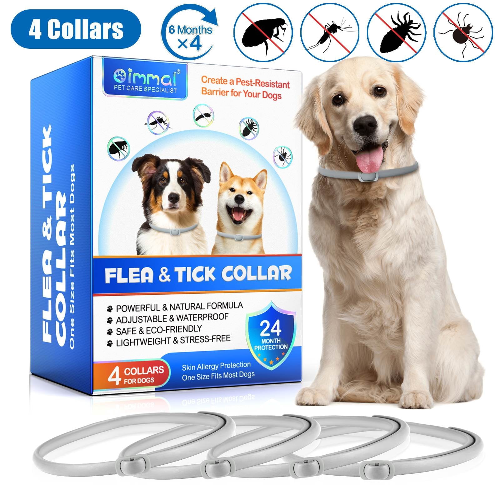 Oimmal Dog Collar, 6*4 Months Protection, Anti-mosquitoes, 19inch Adjustable Collars, Waterproof, Natural Ingredients, 4 Collars - Gray