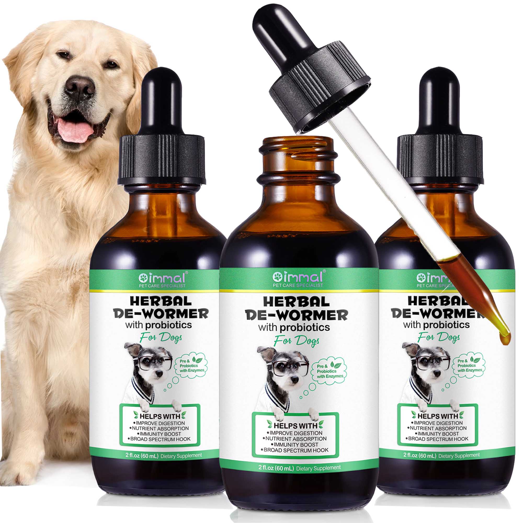 Oimmal Dog Dewormers with Probiotics Supplements Drops 3 Pack, Improve