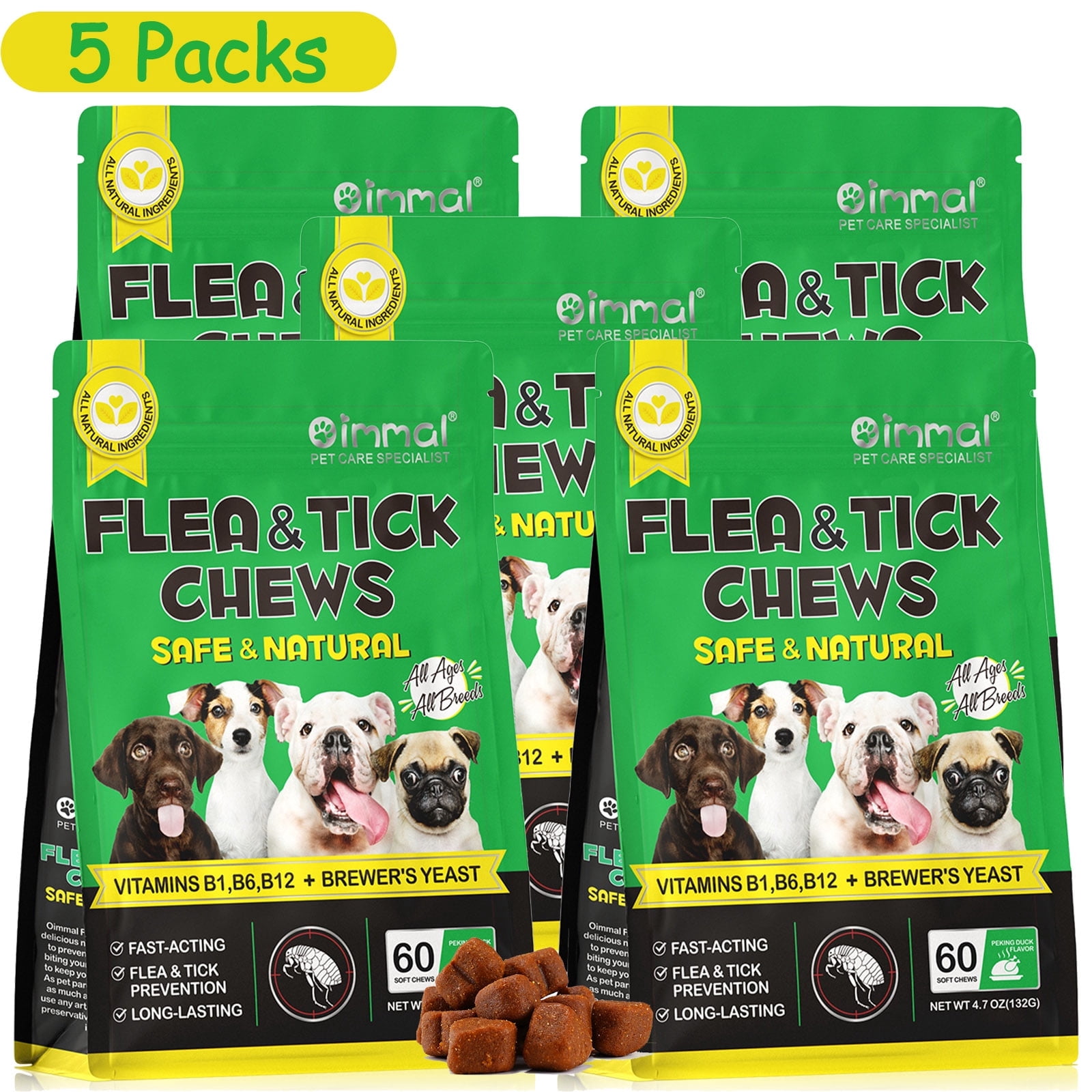 Oimmal Dog Digestive Care Chew Treats - 60 Soft Chews with Brewer's Yeast - All Natural Support for Dogs - Peking Duck Flavor 5Pack