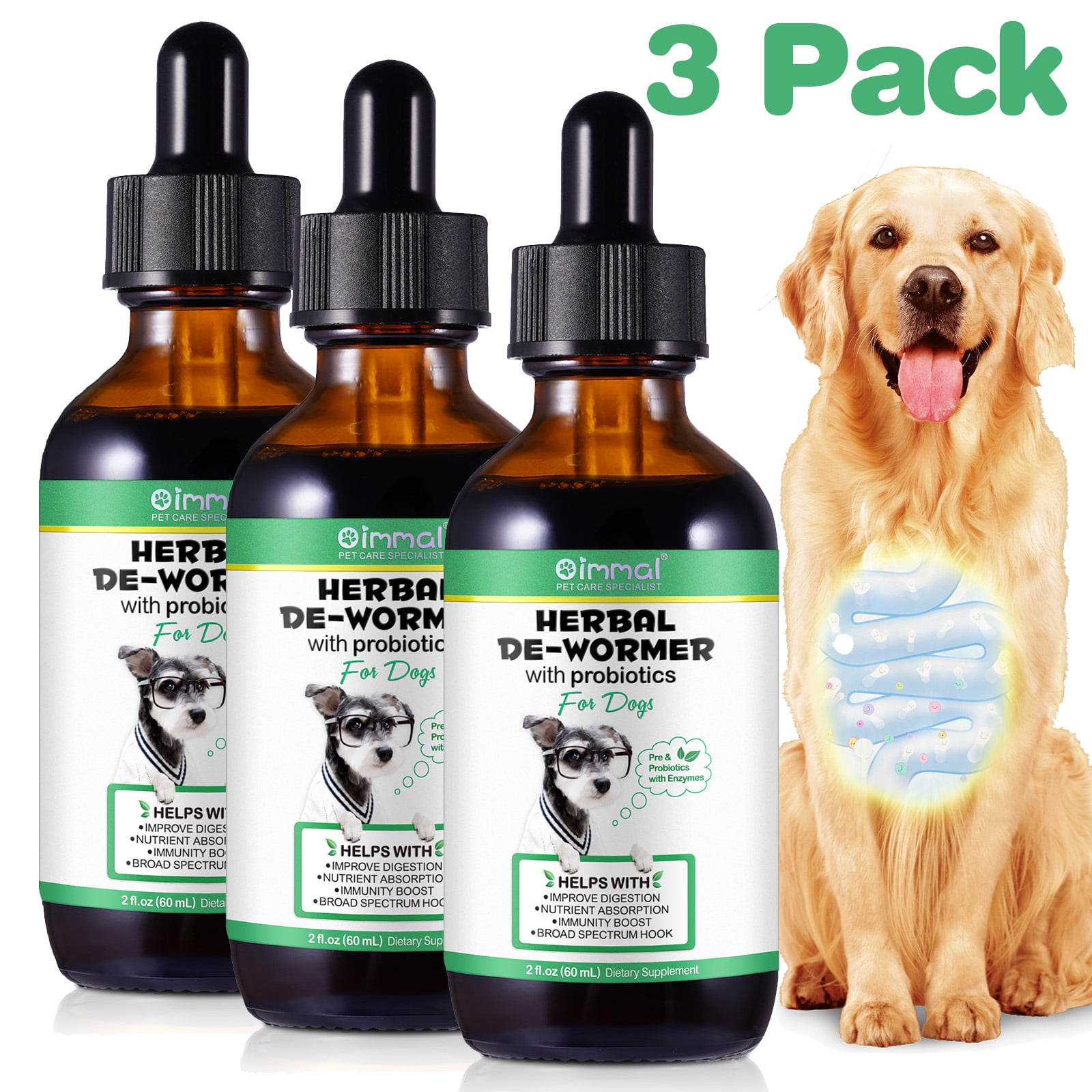 Oimmal Dog Digestive Comfort Liquid with Probiotics, Alcohol-Free, Daily Treats for Dogs - 2 oz(60ml) (3 Pack)