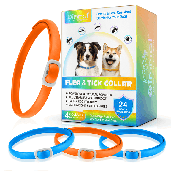 Oimmal Dog Fl-ea Collar 24-Month Skin Protection on Dogs at Least 12 Weeks of Age - Waterproof - 4 Collars, Blue & Orange