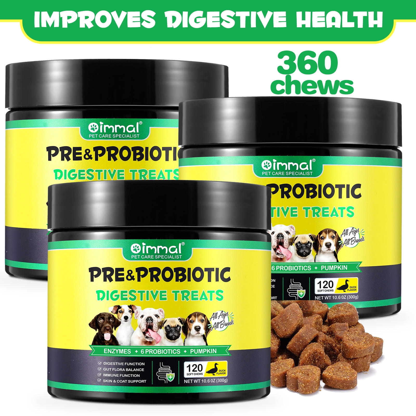 Oimmal Dog Pre and Probiotics Chews with Digestive Enzymes,for Gut Flora-Digestive Health-Immune Support-Allergy Itch Relief-Reduce Diarrhea,Gas,Bad Breath,360 Counts