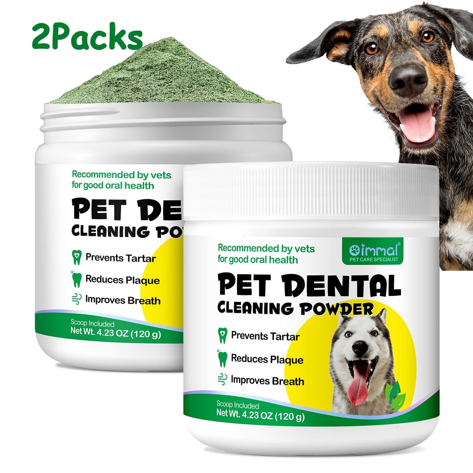 Oimmal Dog Teeth Cleaning Powder, Dog Breath Freshener, Dog Tartar Remover for Teeth with Probiotics, 120g*2 Pack