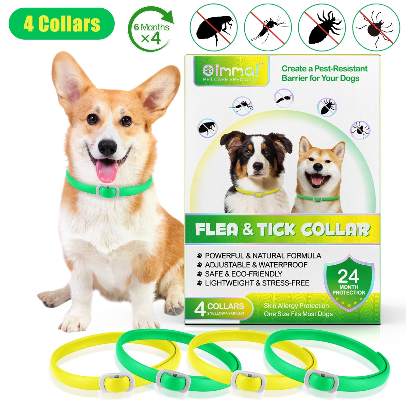 Oimmal Dogs Collar, Mosquito Prevention for Dog, Waterproof, 6 Months Protection, 4 Collars - Green & Yellow