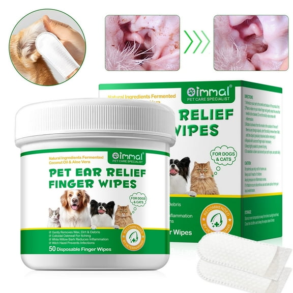 Oimmal Ear Finger Wipes for Dogs & Cats - 50pcs Disposable Ear Wipes, Gently Remove Ear Wax, Debris - Relieve Ear Itching & Inflammation, Fresh Coconut Scent