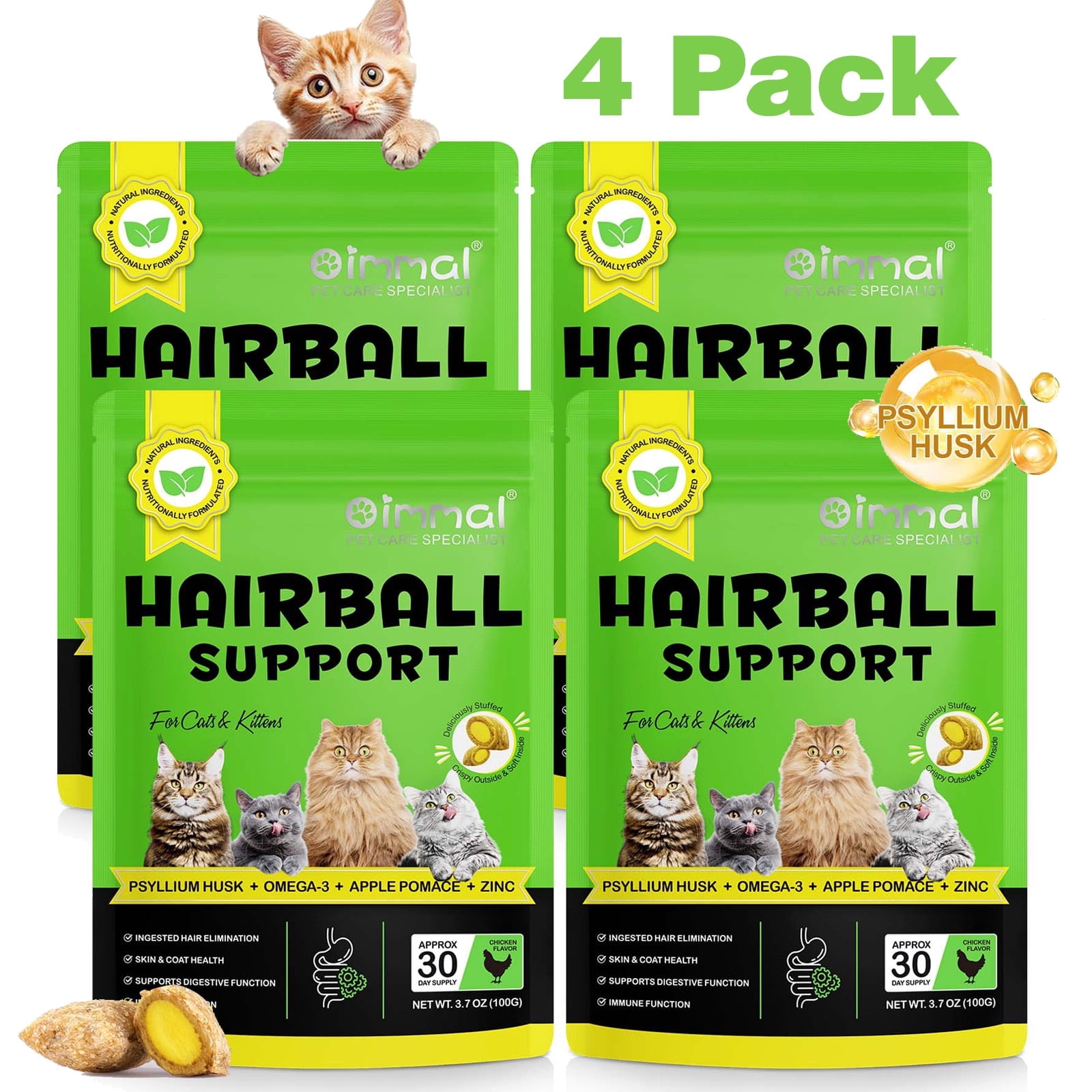 Oimmal Hairball Bites for Cats, Supports Hairball Reduction - Apple Pomace for Hairball Elimination & Skin/Coat Support, Delicious Crunchy Outside & Soft Inside, 4Pack