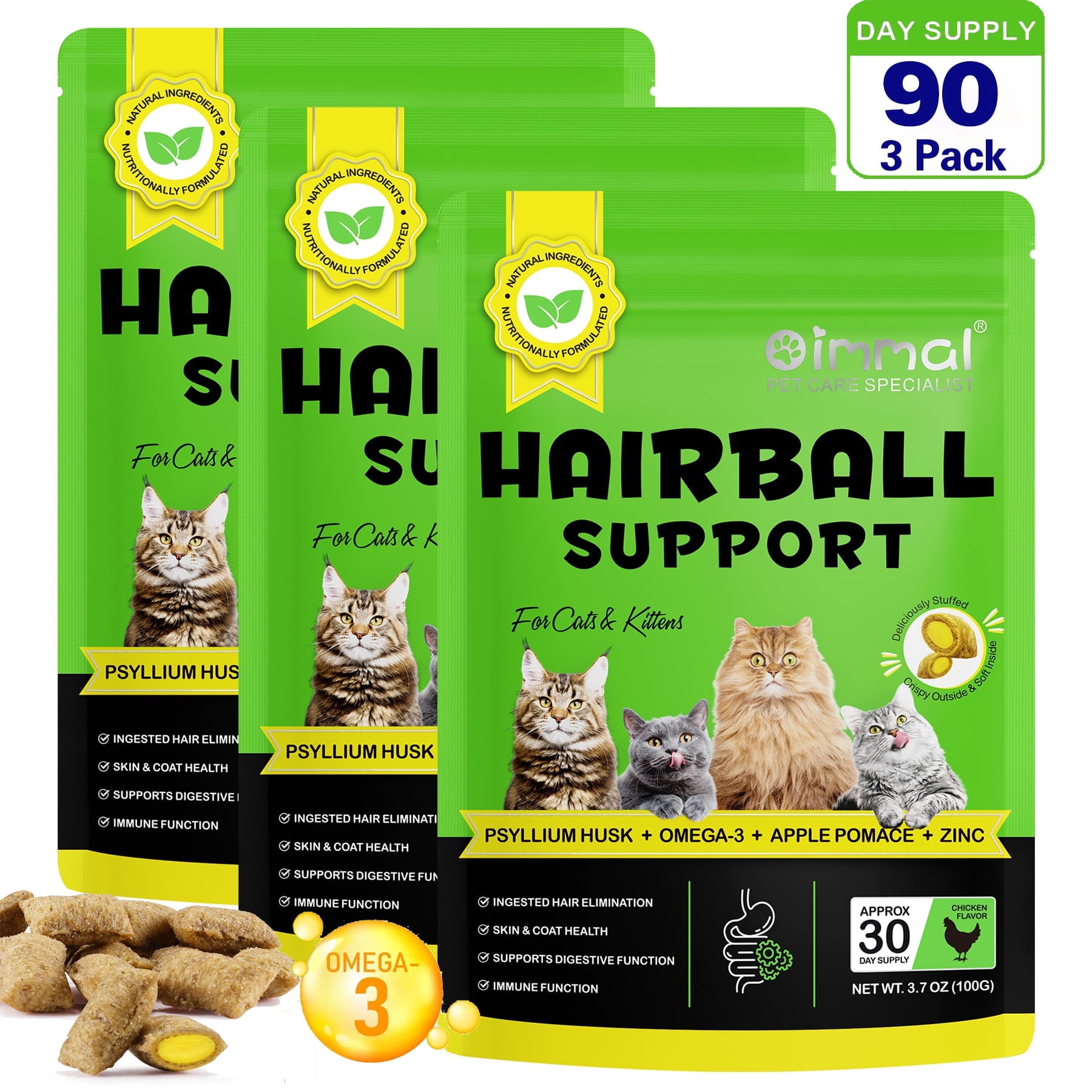 Oimmal Hairball Control Treats for Cats & Kittens - Natural Fiber Supplement with Psyllium for Digestive Health & Ingested Hair Elimination, Immune Support 3Pack