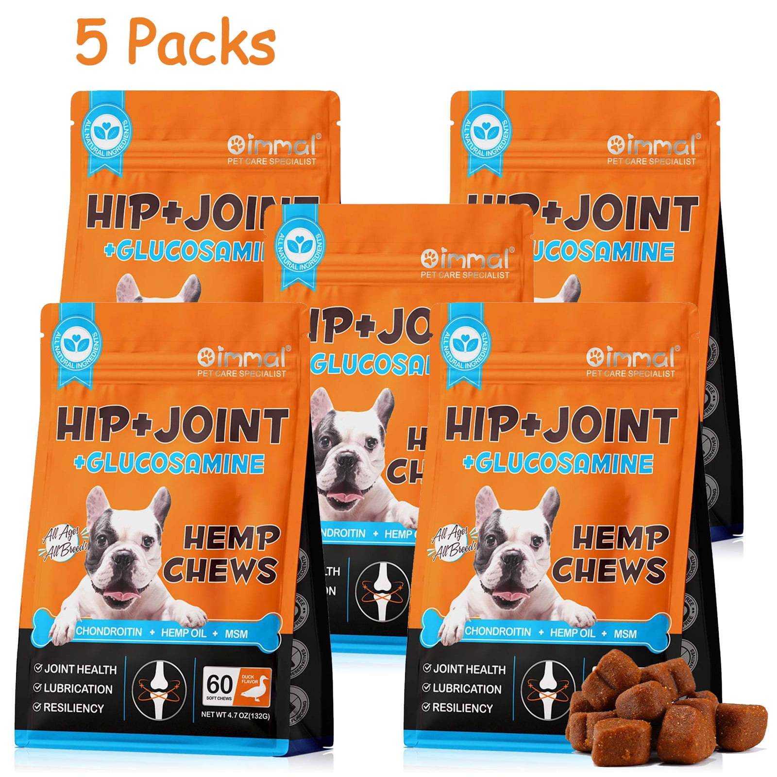 Oimmal Hip and Joint Supplement for Dogs 60 Soft Chews(Duck Flavor) with Glucosamine
