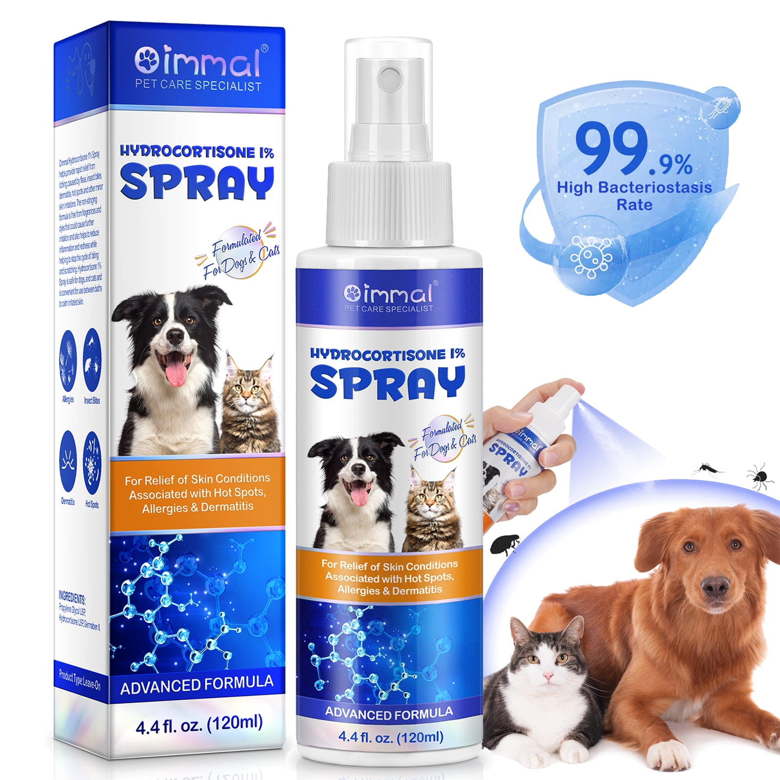 Spray de Hidrocortisona Oimmal para Perros y Gatos - Spray para Aliviar Picazón, Piel Seca e Irritada, Alergias y Dermatitis - Reduce la Inflamación Tópica - 4 oz