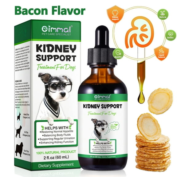 Oimmal Kidney Support for Dogs - Bacon Flavor - Liquid Supplement Supports Healthy Kidney Function in Dogs, Supports Regular Urination for Dogs - Herbal Supplement- 2 oz (60 ml)