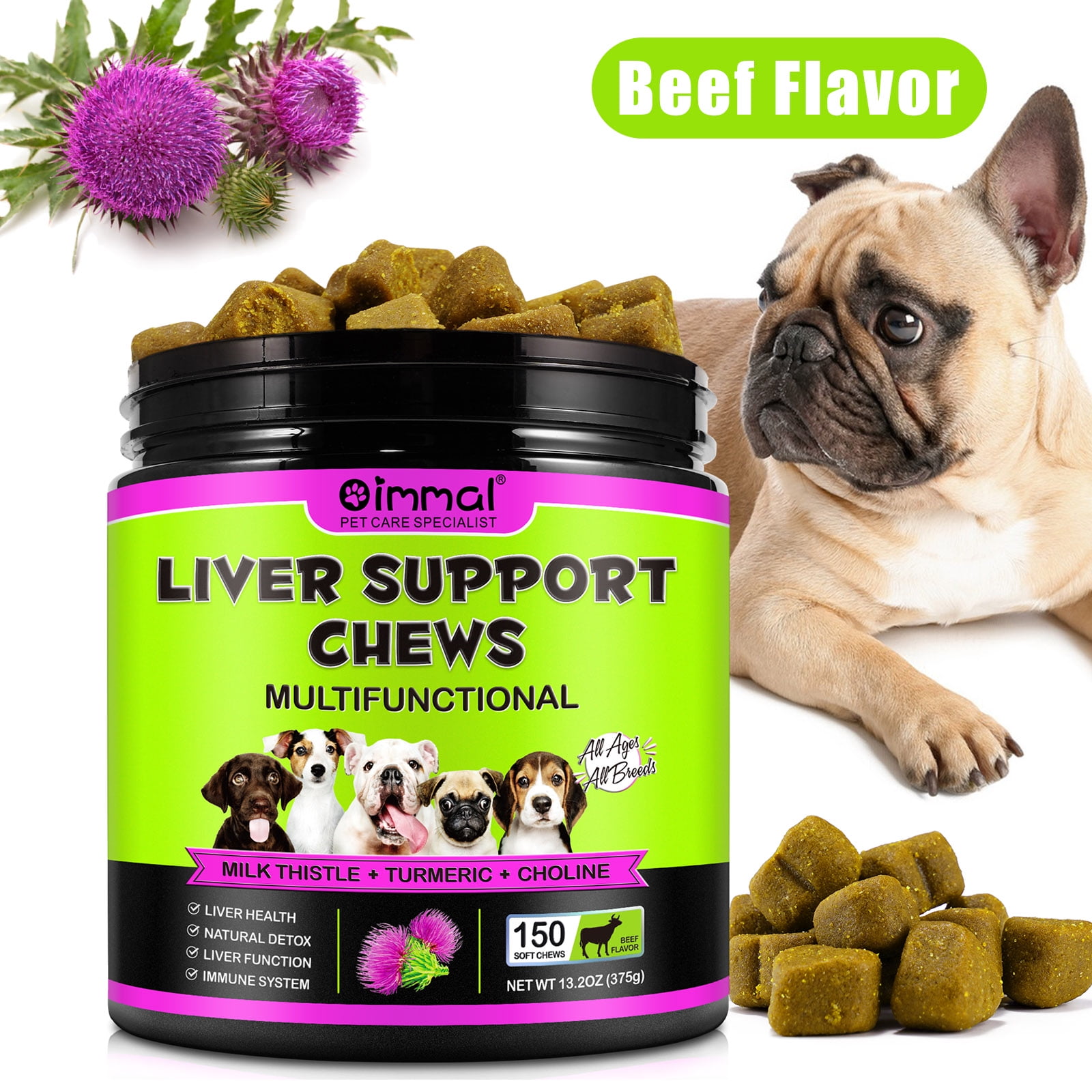 Oimmal Liver Support for Dogs 150 Soft Chews with Milk Thistle Extract Turmeric Curcumin Choline for Dog Liver Function Beef Flavor Walmart