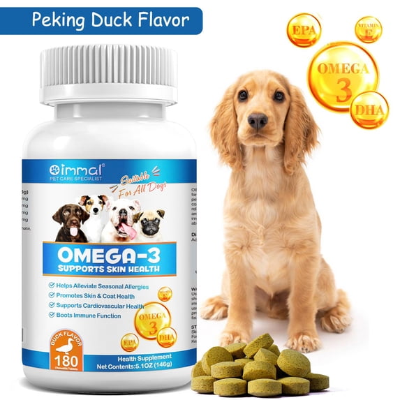 Oimmal Omega 3 for Dogs - Fish Oil for Dogs Skin and Coat - 180 Chewable Tablets - Omega 3 6 9, EPA & DHA and Vitamins Chewable for Dog Shedding, Dry Skin & Heart Support - 1Pack