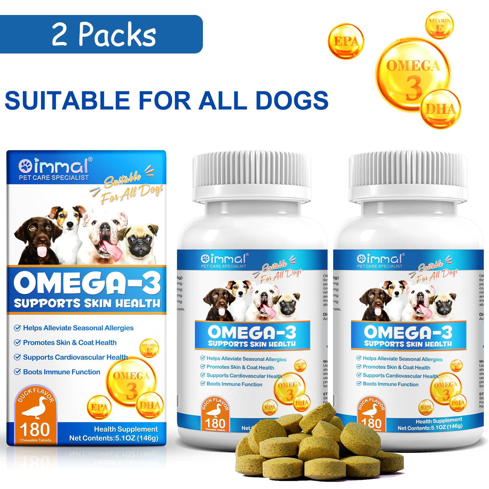 Oimmal Omega 3 for Dogs - Fish Oil for Dogs Skin and Coat - 180 Chewable Tablets - Omega 3 6 9, EPA & DHA and Vitamins Chewable for Dog Shedding, Dry Skin & Heart Support - 2Packs