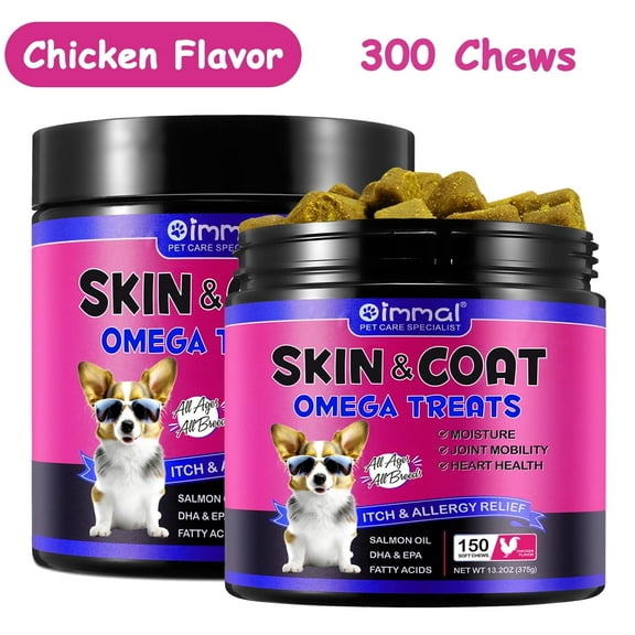 Oimmal Omega 3 Skin & Coat Chews for Dog, 300 Soft Chews with Salmon Oil & Vitamins, EPA&DHA Fatty Acids, Healthy Skin & Coat, Dry & Itchy Skin Relief + Allergy Support - Chicken Flavor