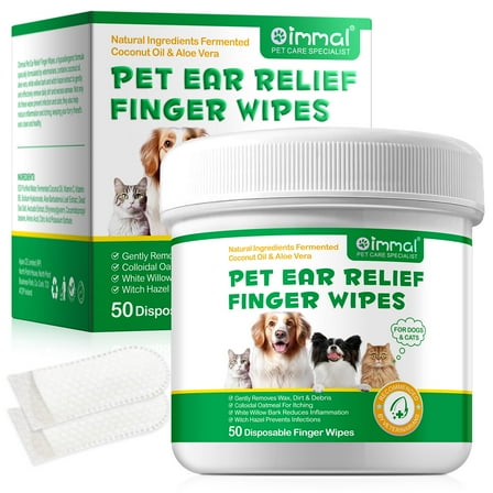 Oimmal Pet Ear Cleaner Finger Wipes For Cats Dogs,Grooming Kit Care Disposable Finger Wipes,Otic Cleanser for Dogs to Stop Ear Itching - 50 Count