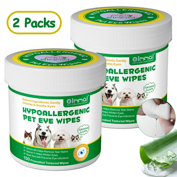 Oimmal Pet Eye Wipes for Tear Stains, Hypoallergenic Eyes Wipes for Dogs & Cats - Coconut Oil & Aloe Vera Pet Cleaning Wipes for Eyes, Wrinkle, Face - 150pcs*2 Pack