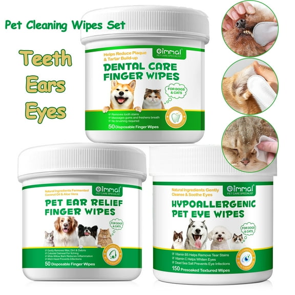 Oimmal Pets 3 in 1 Cleaning Set, Ear Finger Wipes + Eye Wipes + Teeth Cleaning Wipes for Dog & Cat, Cleaning of Pet Ear Wax, Debris, Tear Stain and Reducing Plaque & Tartar