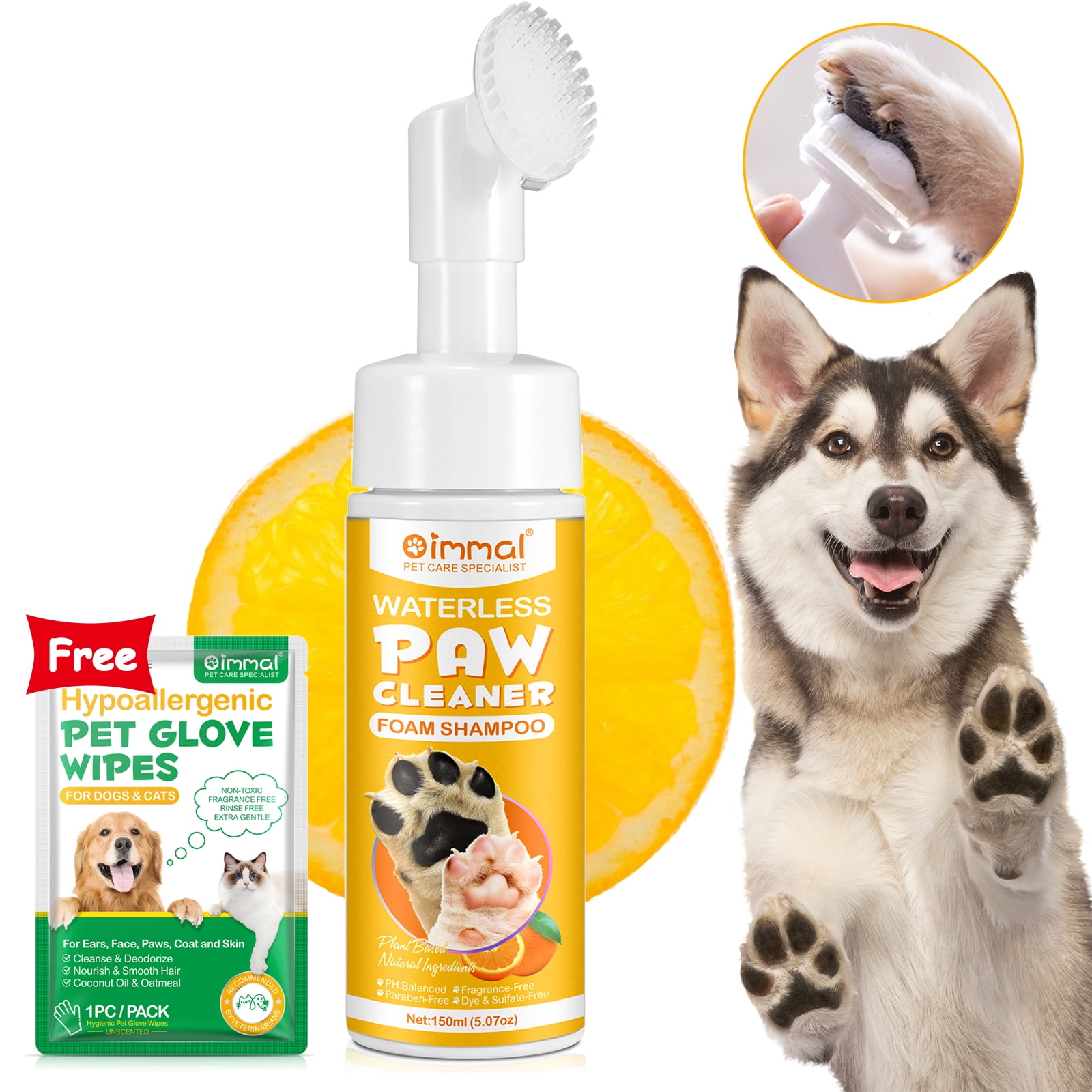 Oimmal Pets Paw Cleaning Foam | No Wash Pet Foot Foam | 120ml Waterless Shampoo Paw Cleaner for Dogs and Cats | Gift 1P Cleaning Glove Wipe