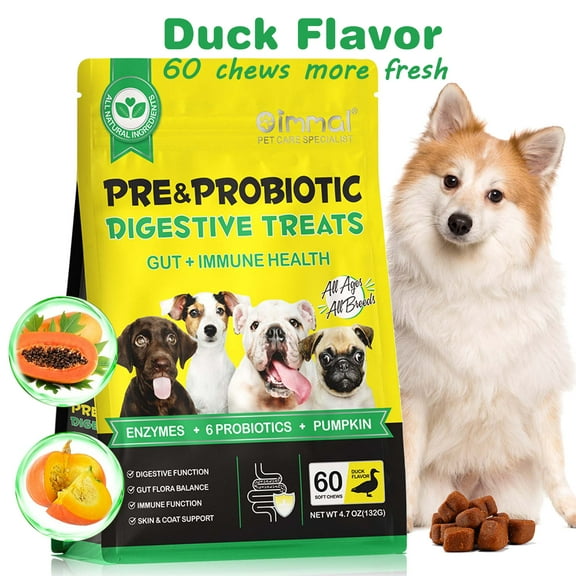 Oimmal Pre & Probiotics Chews for Dogs - 60 Soft Chews(Duck Flavor), Digestive Probiotics for Gut Flora & Immune Support, Fresher in Smaller Packages - 1pack