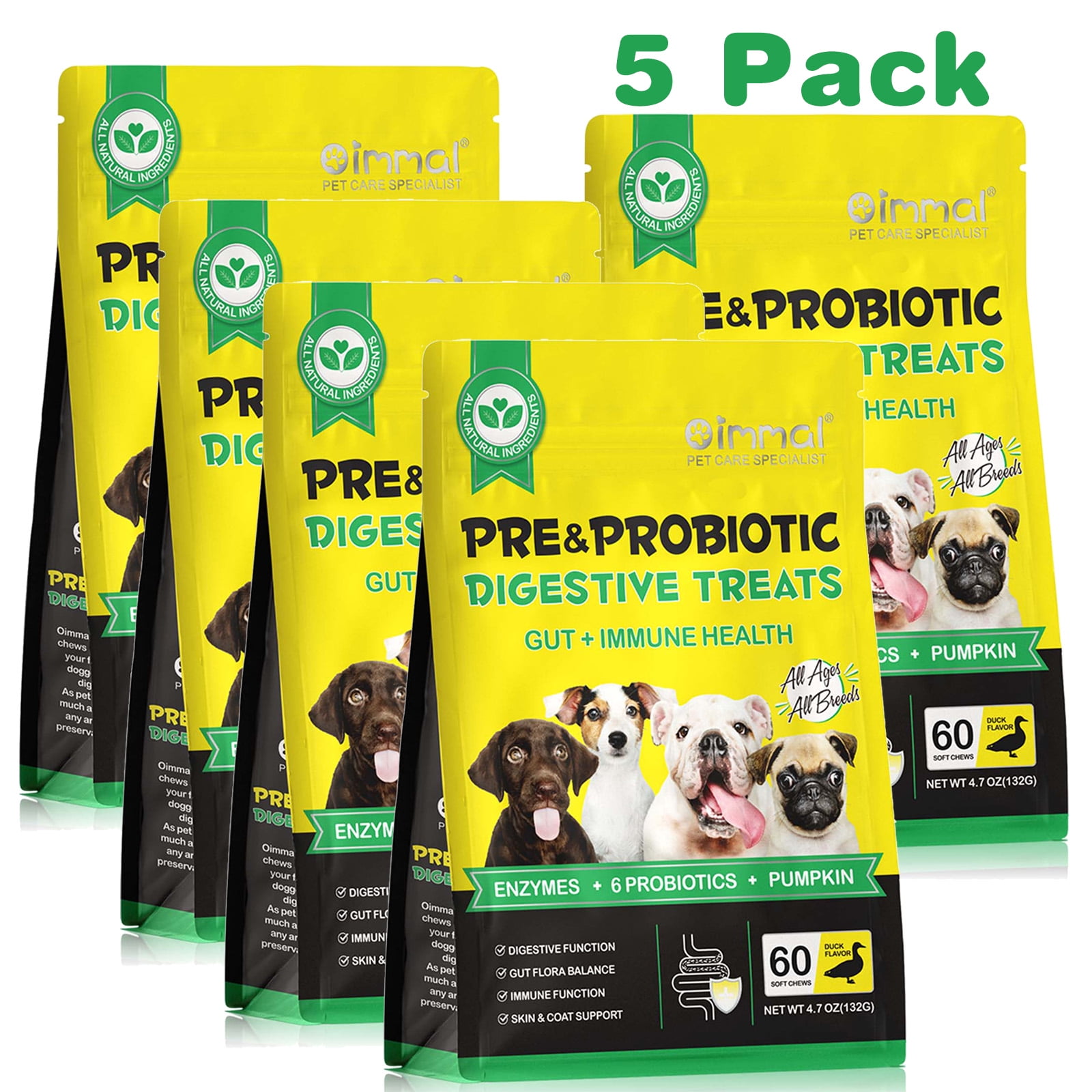 Oimmal Pre & Probiotics Chews for Dogs - 60 Soft Chews(Duck Flavor), Digestive Probiotics for Gut Flora & Immune Support, Functional Dog Supplement, Fresher in Smaller Packages - 5pack